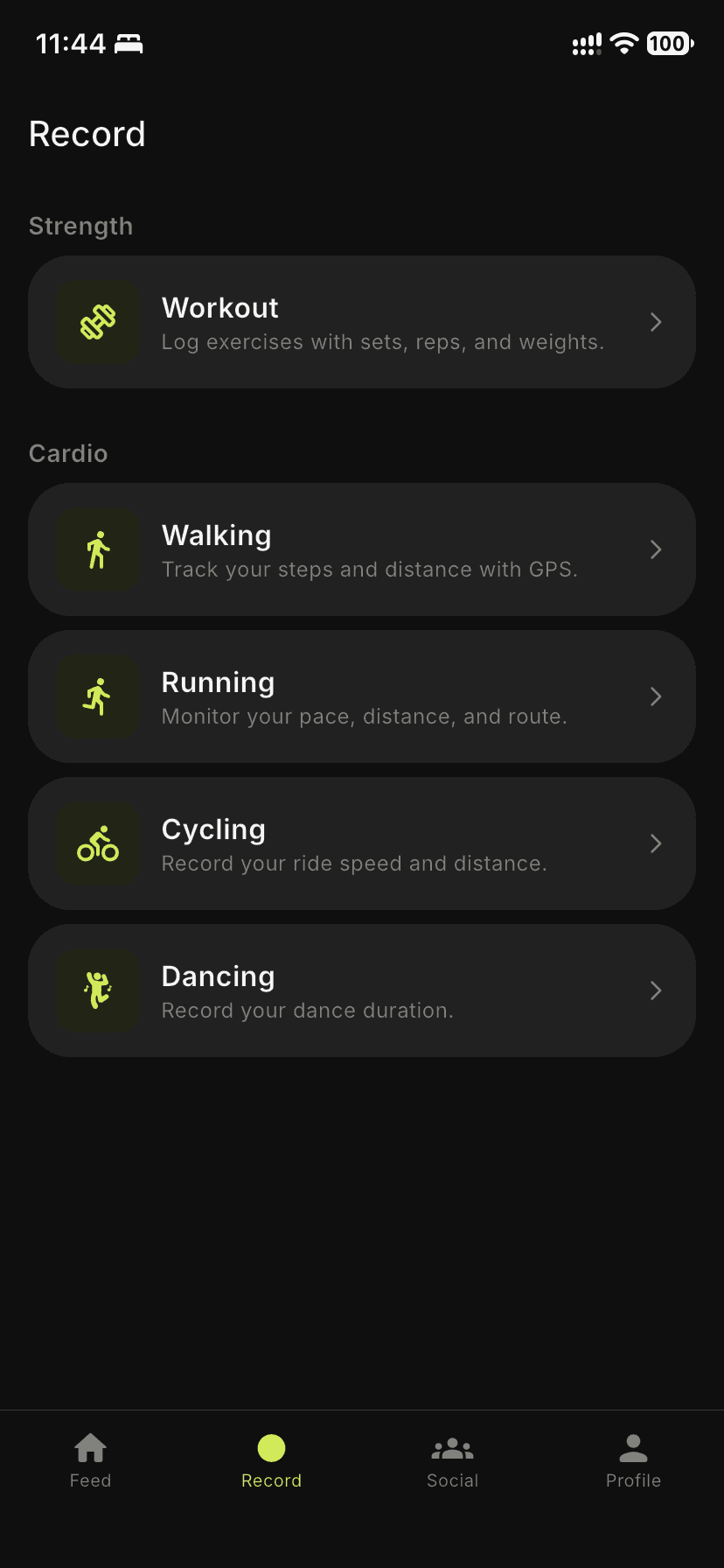 Yaaro app record screen listing workout, walking, running, cycling and dancing