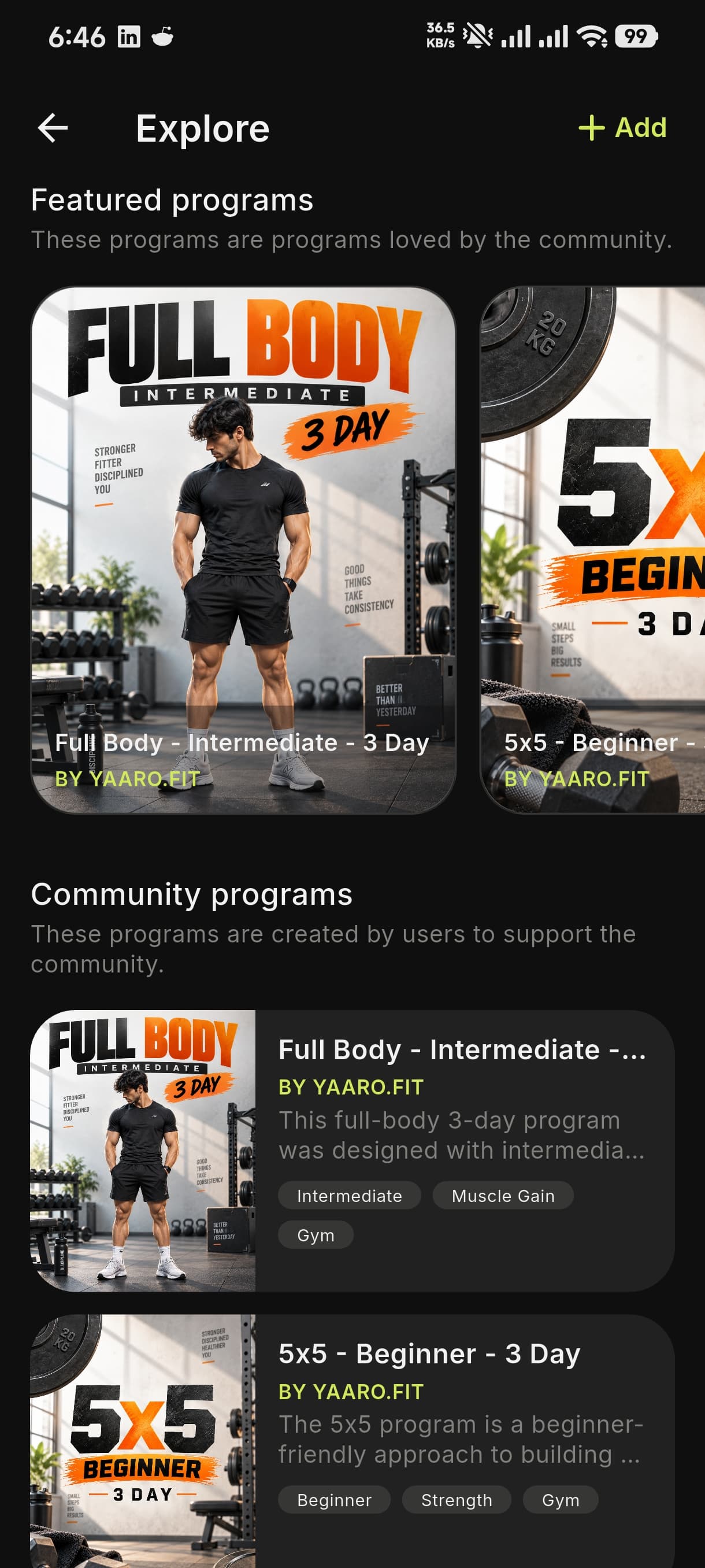 Yaaro app Explore screen with featured and community workout programs