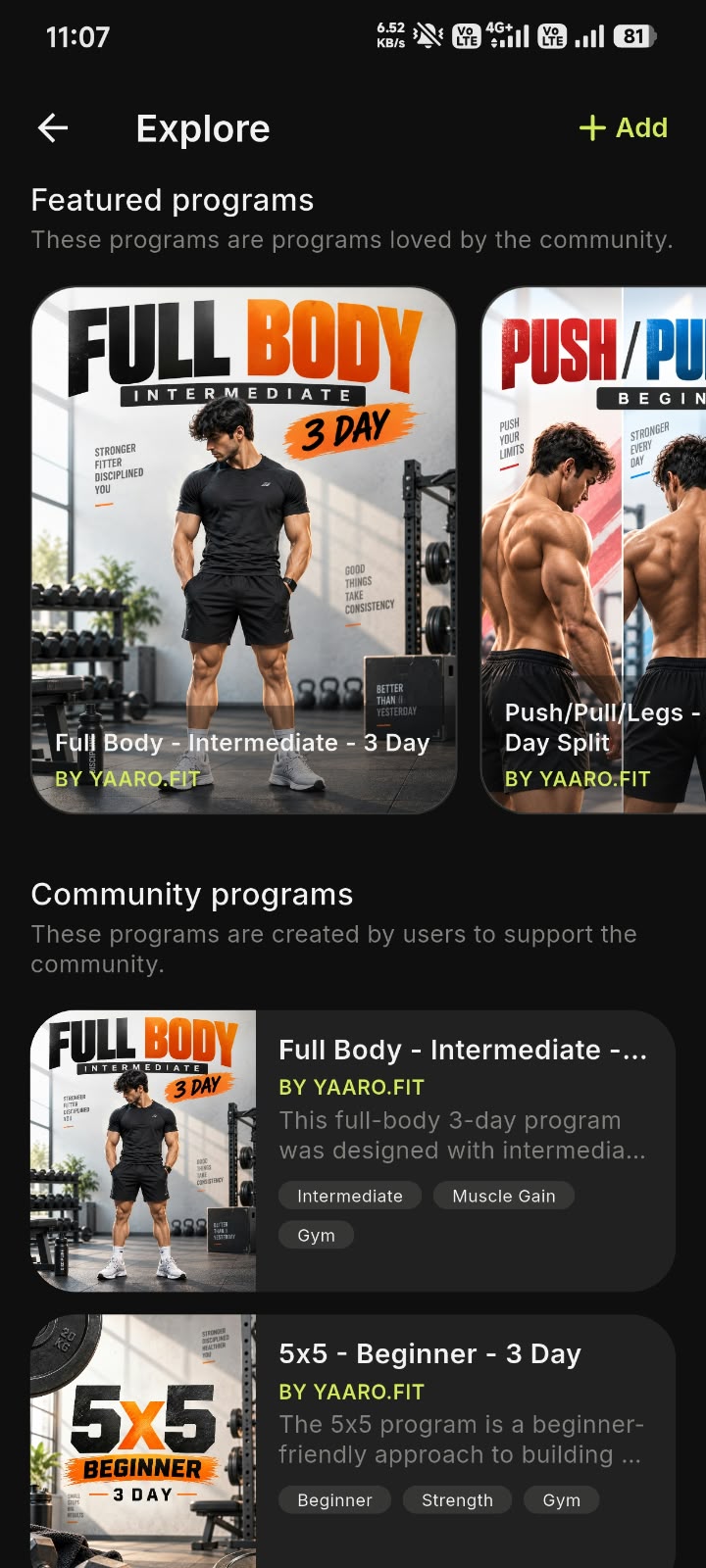 Yaaro Workout Programs screen